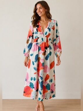 Colorful Abstract Print V-Neck Long Maxi Dress Babydoll Whimsical Size Medium